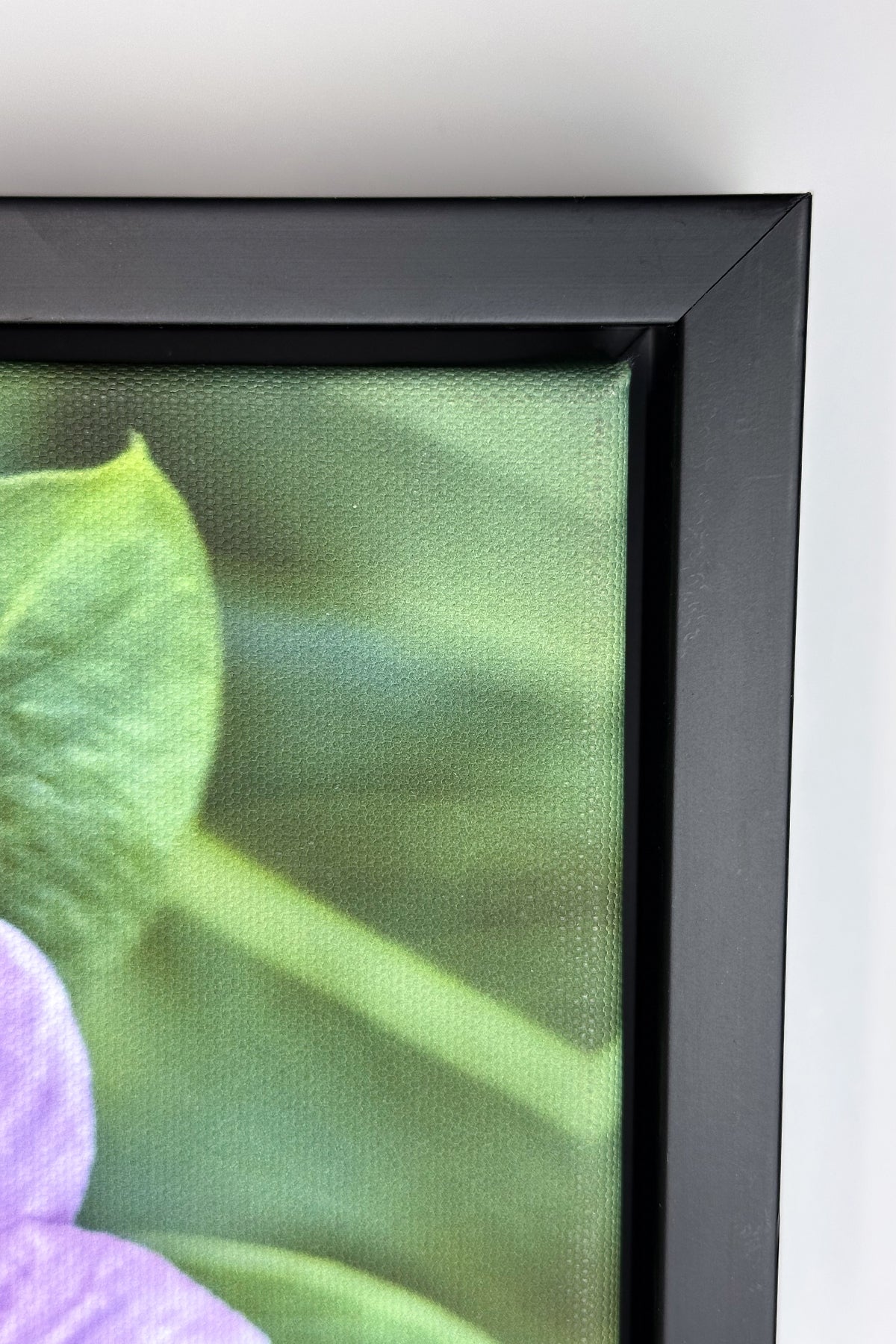 Black wooden floater frame used to display a canvas gallery wrap.