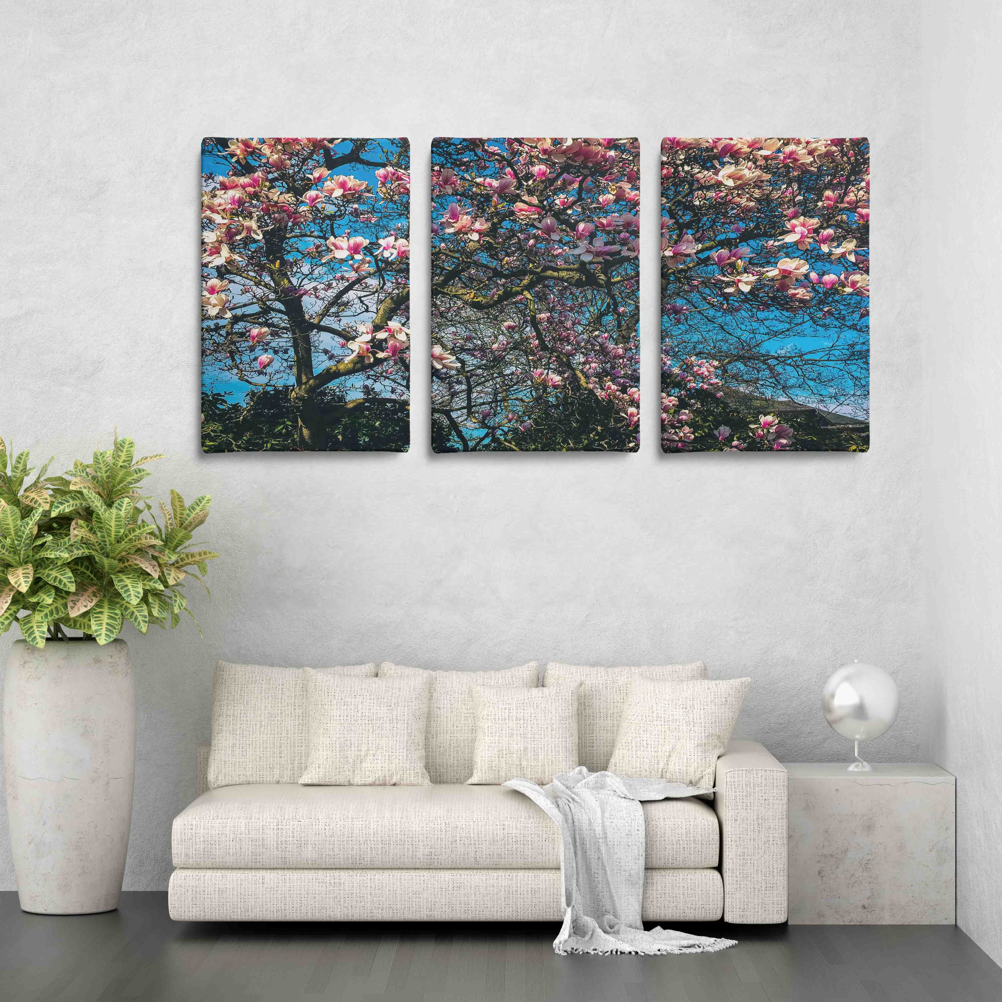 Large-sized vertical triptych canvas set featuring a segmented floral image, cascading elegantly across three panels to fill and enhance any space with dynamic and eye-catching wall art.